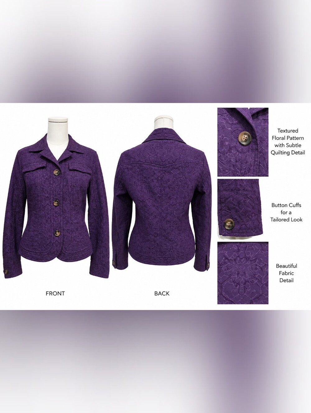 Coldwater Creek Purple Textured Floral Blazer Jacket Size 12 Button Cuff
